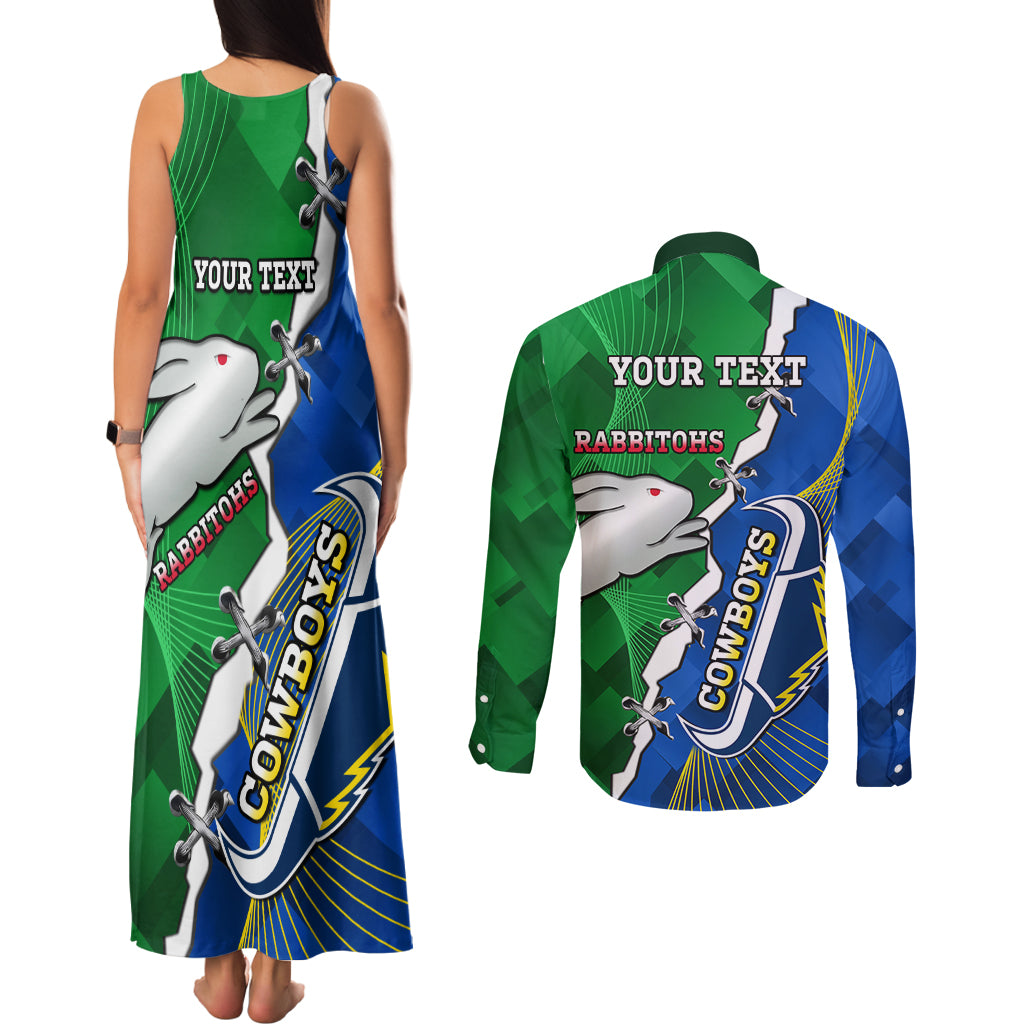 Personalised Rabbitohs And Cowboys Rugby Couples Matching Tank Maxi Dress and Long Sleeve Button Shirt Dynamic Style