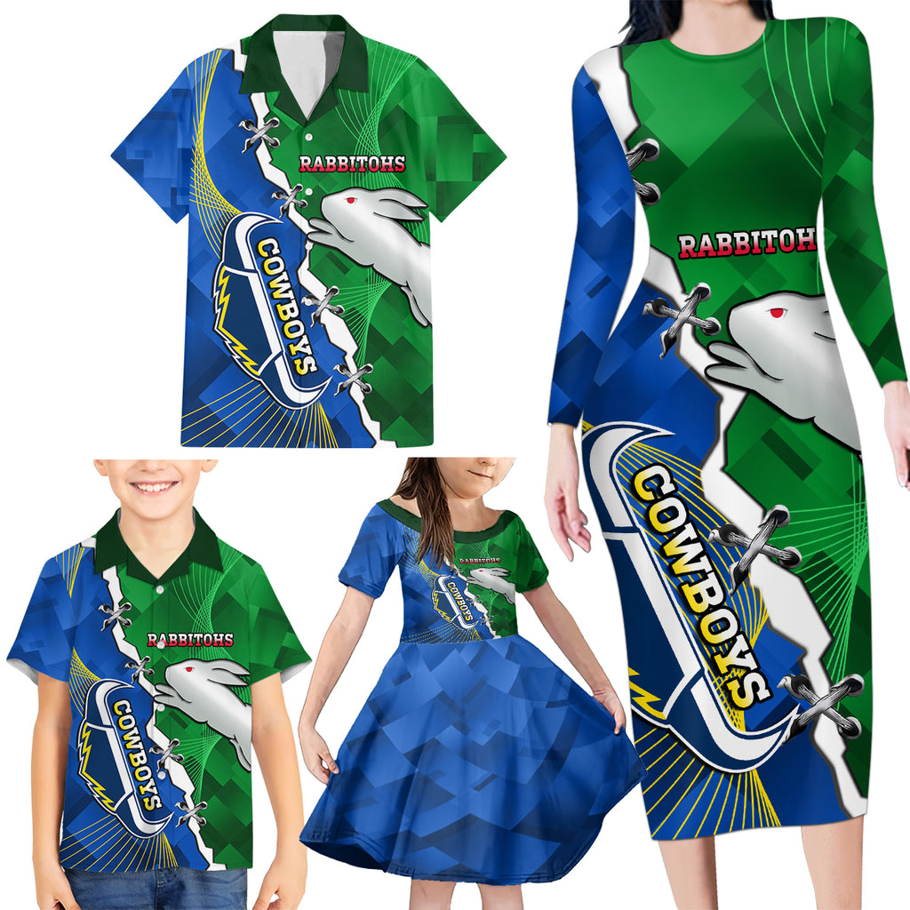 Personalised Rabbitohs And Cowboys Rugby Family Matching Long Sleeve Bodycon Dress and Hawaiian Shirt Dynamic Style