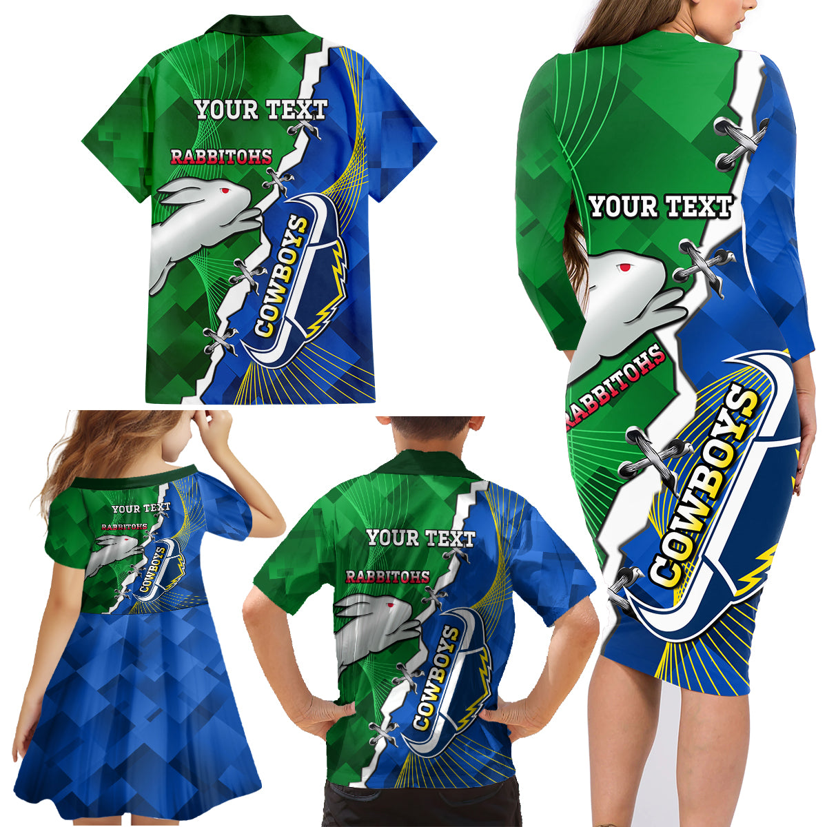 Personalised Rabbitohs And Cowboys Rugby Family Matching Long Sleeve Bodycon Dress and Hawaiian Shirt Dynamic Style