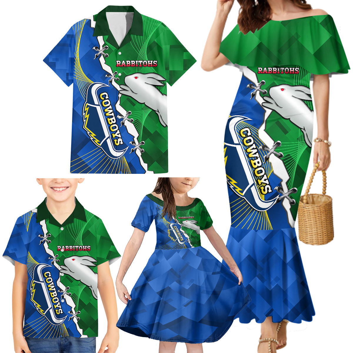 Personalised Rabbitohs And Cowboys Rugby Family Matching Mermaid Dress and Hawaiian Shirt Dynamic Style