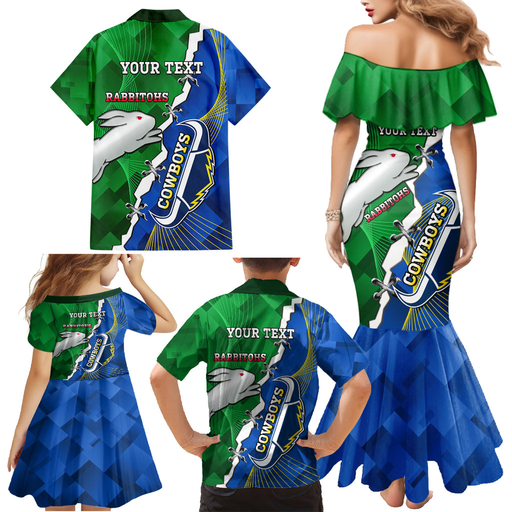 Personalised Rabbitohs And Cowboys Rugby Family Matching Mermaid Dress and Hawaiian Shirt Dynamic Style