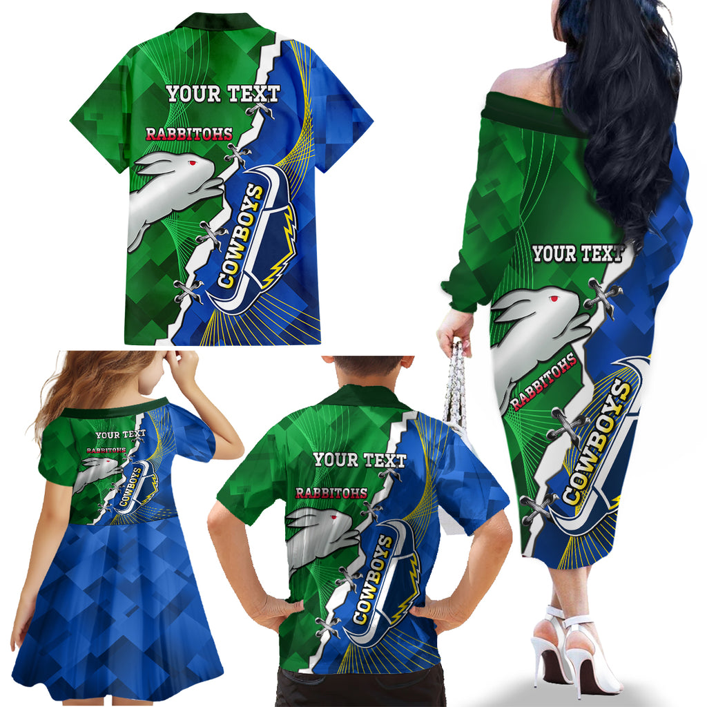 Personalised Rabbitohs And Cowboys Rugby Family Matching Off Shoulder Long Sleeve Dress and Hawaiian Shirt Dynamic Style