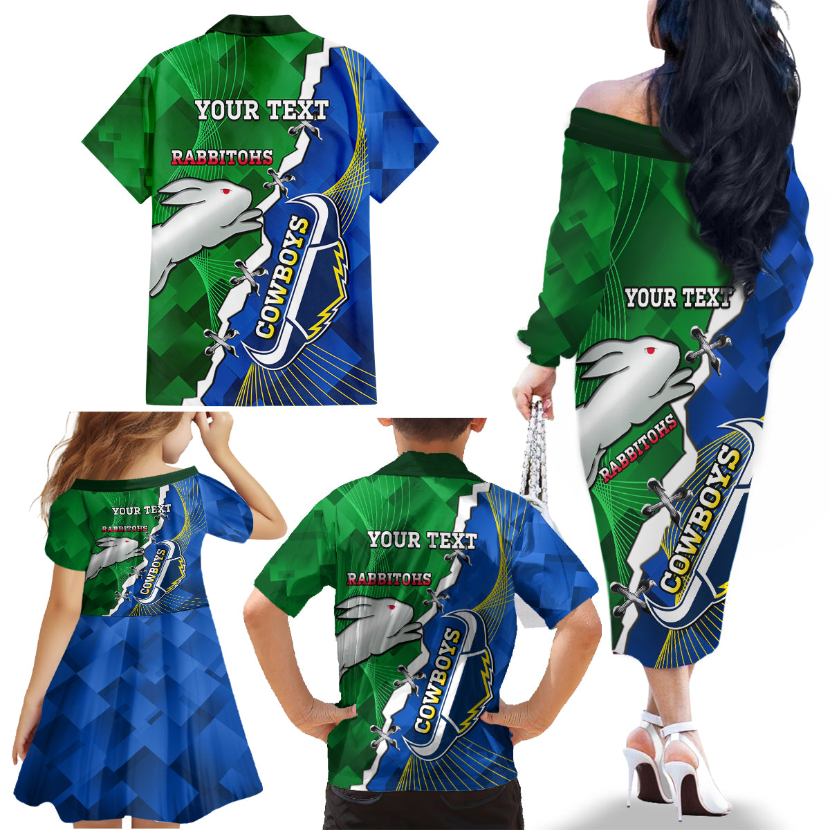 Personalised Rabbitohs And Cowboys Rugby Family Matching Off Shoulder Long Sleeve Dress and Hawaiian Shirt Dynamic Style