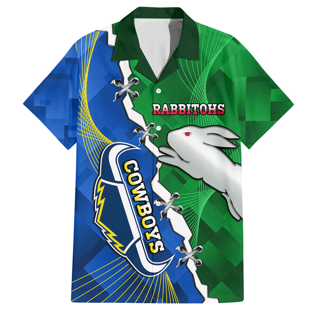 Personalised Rabbitohs And Cowboys Rugby Family Matching Off Shoulder Long Sleeve Dress and Hawaiian Shirt Dynamic Style