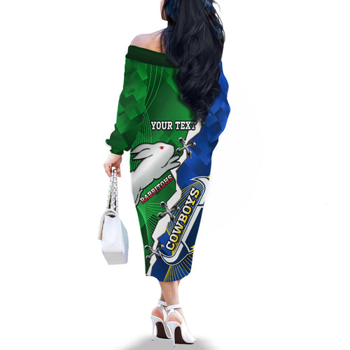 Personalised Rabbitohs And Cowboys Rugby Family Matching Off Shoulder Long Sleeve Dress and Hawaiian Shirt Dynamic Style