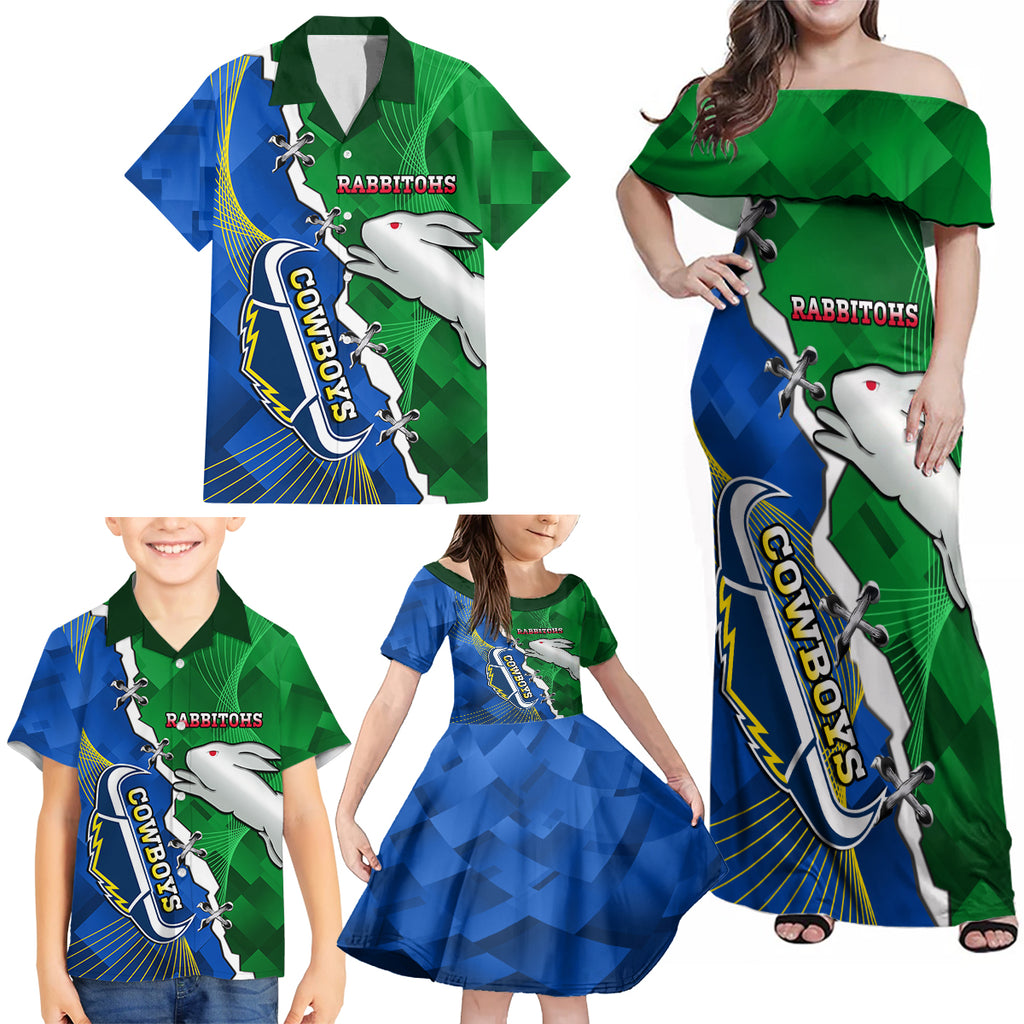 Personalised Rabbitohs And Cowboys Rugby Family Matching Off Shoulder Maxi Dress and Hawaiian Shirt Dynamic Style