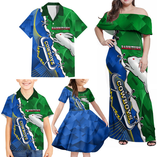 Personalised Rabbitohs And Cowboys Rugby Family Matching Off Shoulder Maxi Dress and Hawaiian Shirt Dynamic Style