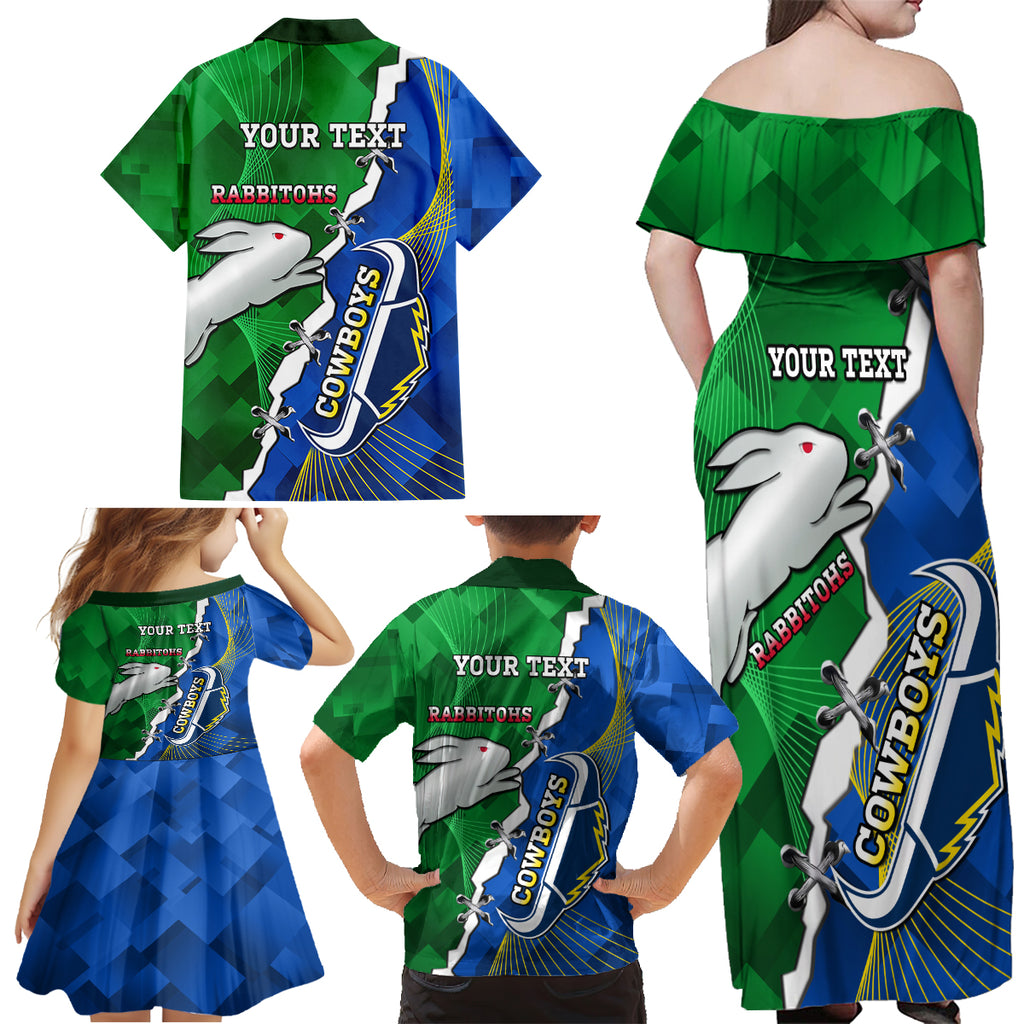 Personalised Rabbitohs And Cowboys Rugby Family Matching Off Shoulder Maxi Dress and Hawaiian Shirt Dynamic Style