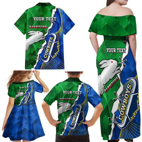 Personalised Rabbitohs And Cowboys Rugby Family Matching Off Shoulder Maxi Dress and Hawaiian Shirt Dynamic Style