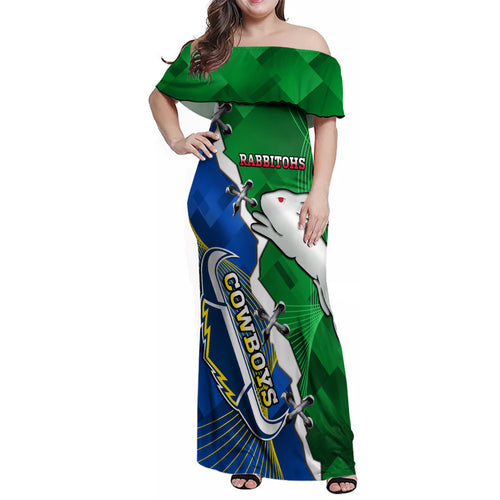 Personalised Rabbitohs And Cowboys Rugby Family Matching Off Shoulder Maxi Dress and Hawaiian Shirt Dynamic Style