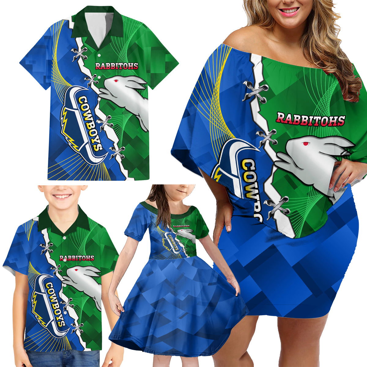 Personalised Rabbitohs And Cowboys Rugby Family Matching Off Shoulder Short Dress and Hawaiian Shirt Dynamic Style