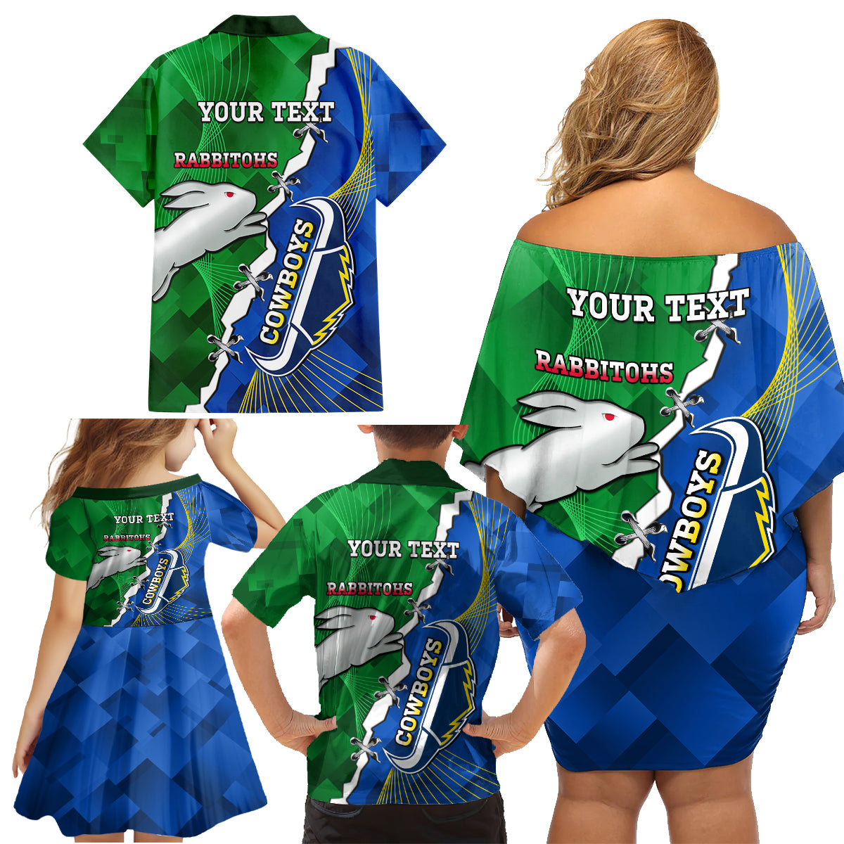 Personalised Rabbitohs And Cowboys Rugby Family Matching Off Shoulder Short Dress and Hawaiian Shirt Dynamic Style