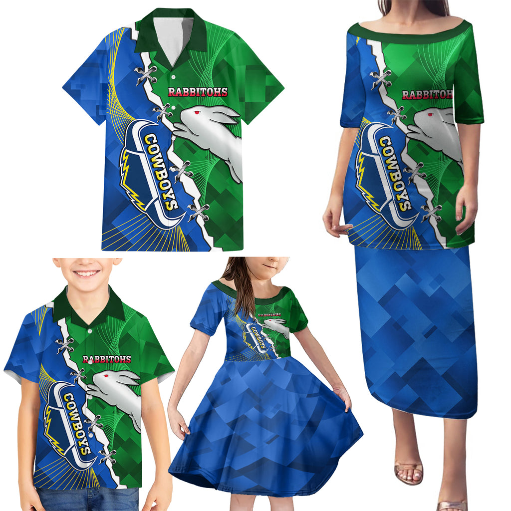 Personalised Rabbitohs And Cowboys Rugby Family Matching Puletasi and Hawaiian Shirt Dynamic Style