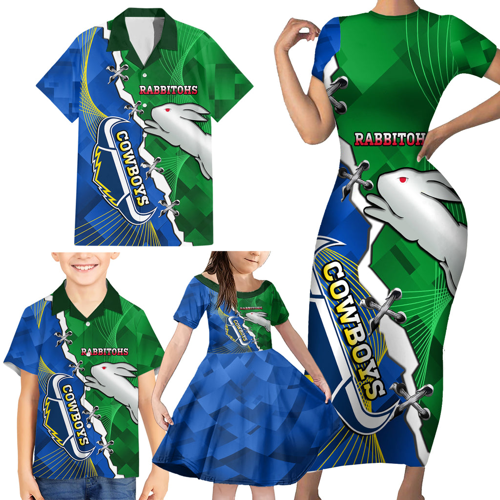 Personalised Rabbitohs And Cowboys Rugby Family Matching Short Sleeve Bodycon Dress and Hawaiian Shirt Dynamic Style