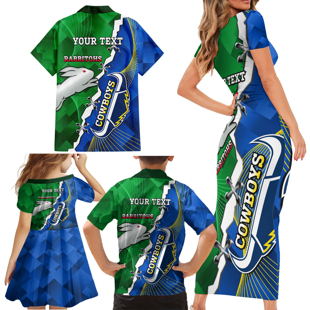 Personalised Rabbitohs And Cowboys Rugby Family Matching Short Sleeve Bodycon Dress and Hawaiian Shirt Dynamic Style