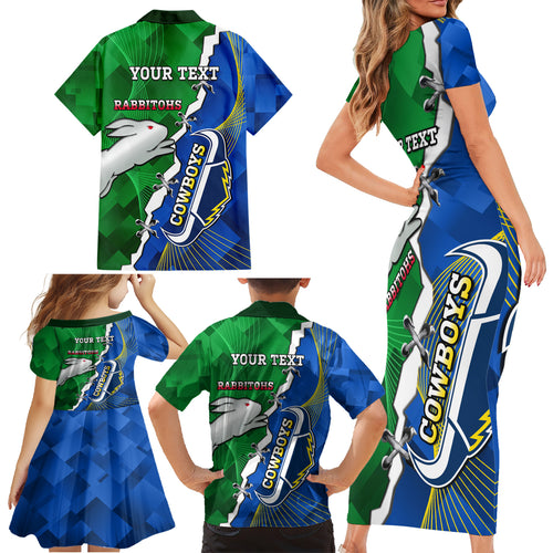 Personalised Rabbitohs And Cowboys Rugby Family Matching Short Sleeve Bodycon Dress and Hawaiian Shirt Dynamic Style