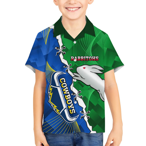 Personalised Rabbitohs And Cowboys Rugby Family Matching Short Sleeve Bodycon Dress and Hawaiian Shirt Dynamic Style