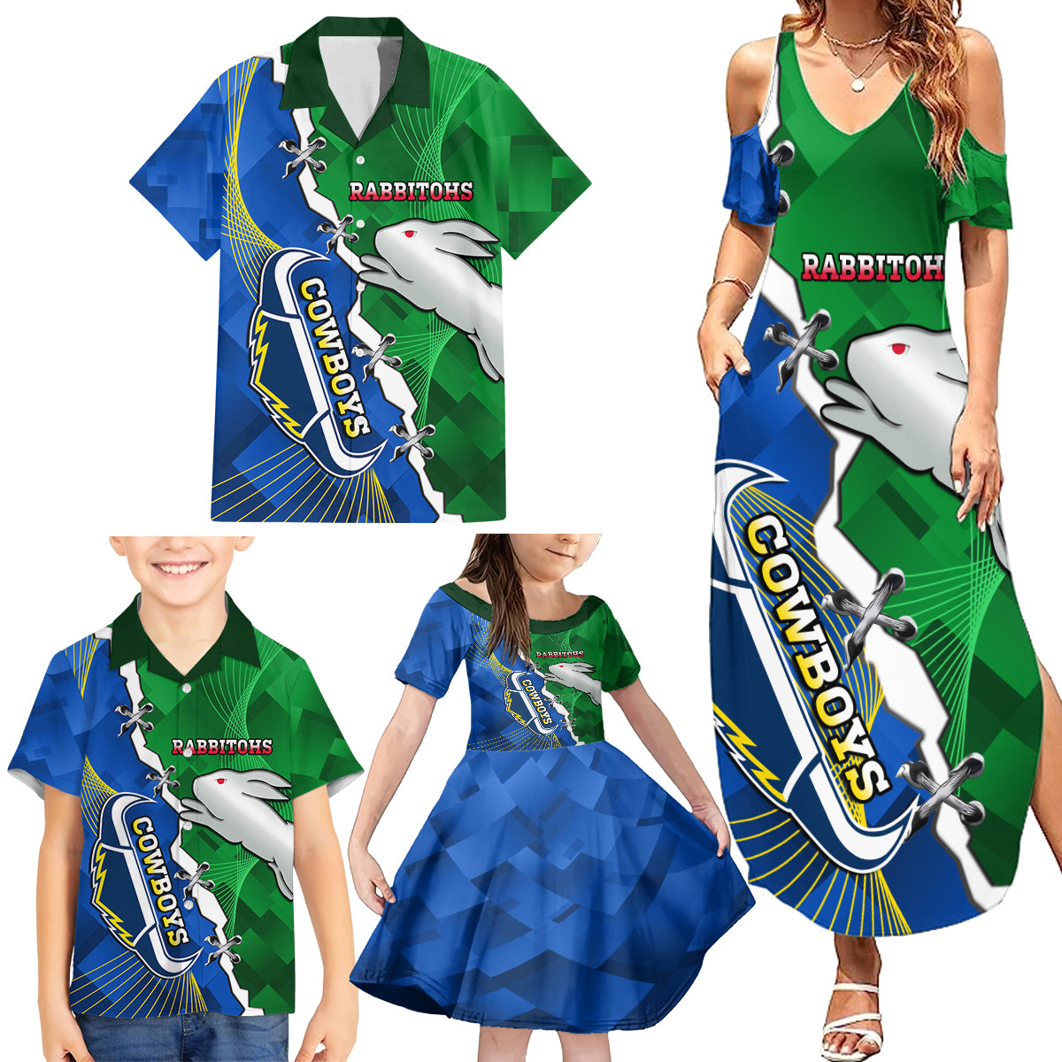 Personalised Rabbitohs And Cowboys Rugby Family Matching Summer Maxi Dress and Hawaiian Shirt Dynamic Style