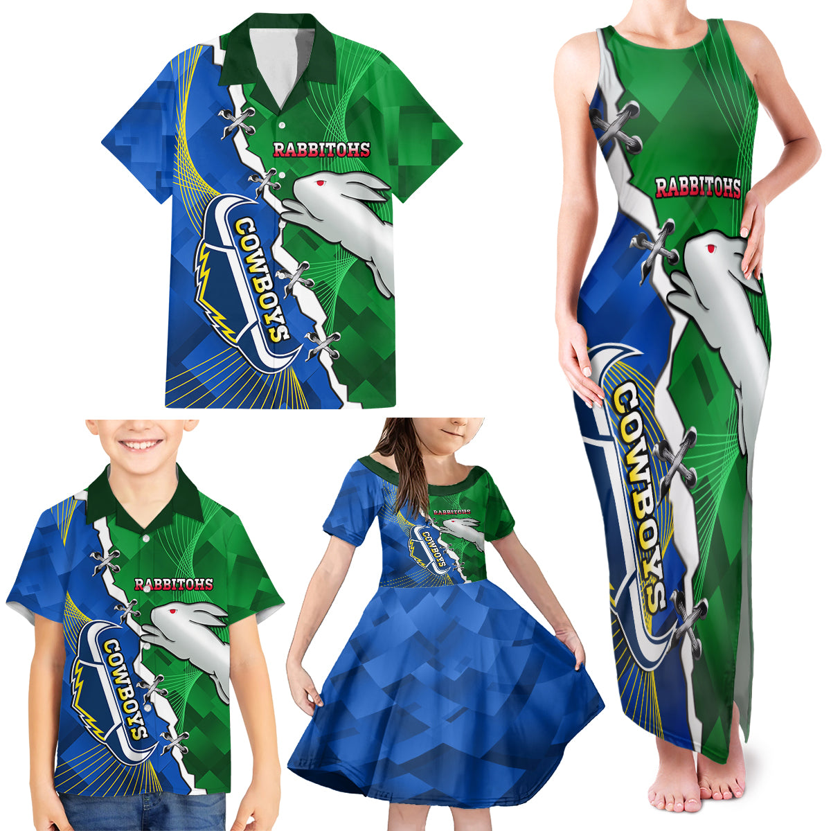 Personalised Rabbitohs And Cowboys Rugby Family Matching Tank Maxi Dress and Hawaiian Shirt Dynamic Style