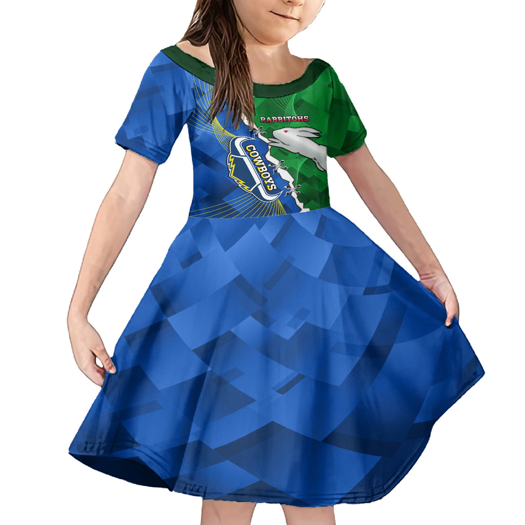 Personalised Rabbitohs And Cowboys Rugby Kid Short Sleeve Dress Dynamic Style