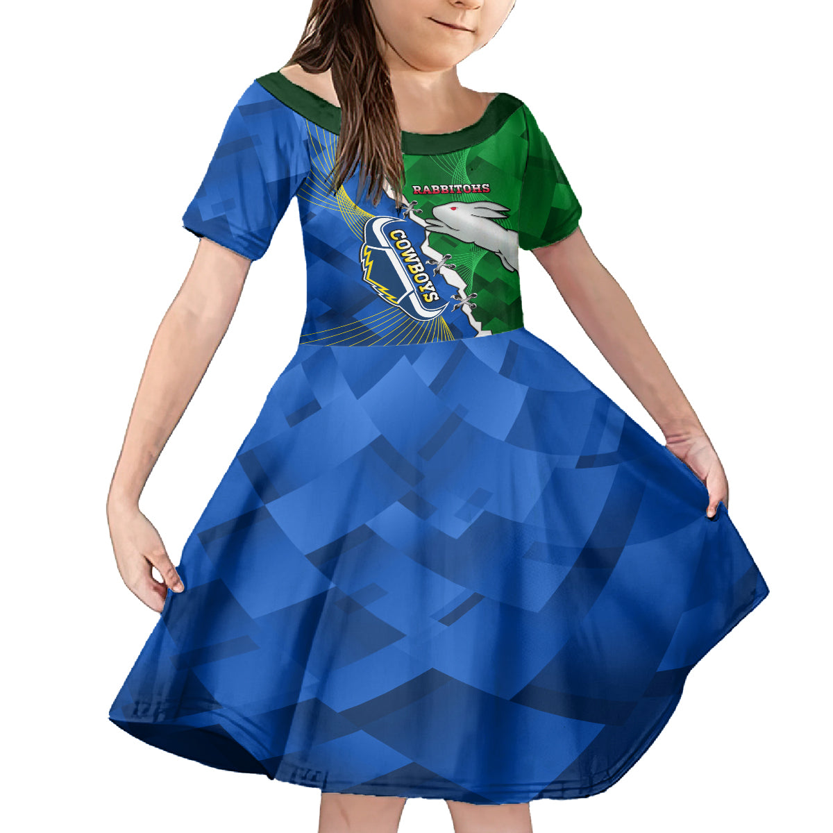 Personalised Rabbitohs And Cowboys Rugby Kid Short Sleeve Dress Dynamic Style