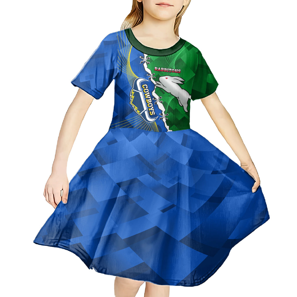 Personalised Rabbitohs And Cowboys Rugby Kid Short Sleeve Dress Dynamic Style