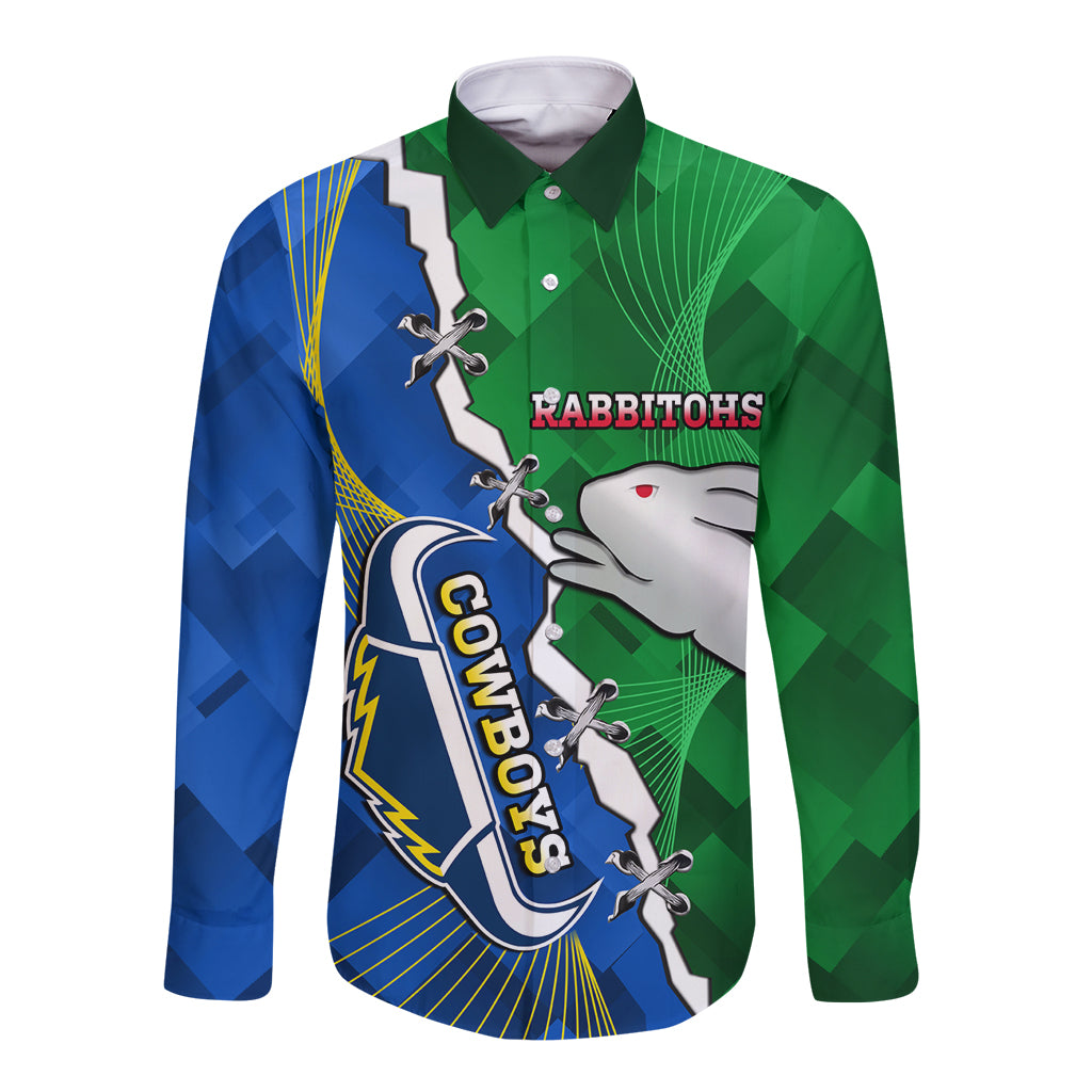 Personalised Rabbitohs And Cowboys Rugby Long Sleeve Button Shirt Dynamic Style