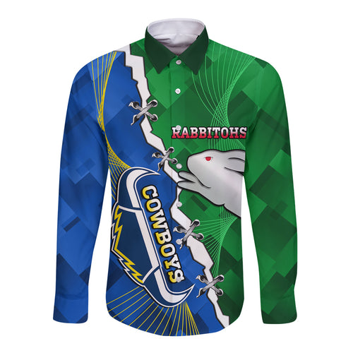Personalised Rabbitohs And Cowboys Rugby Long Sleeve Button Shirt Dynamic Style