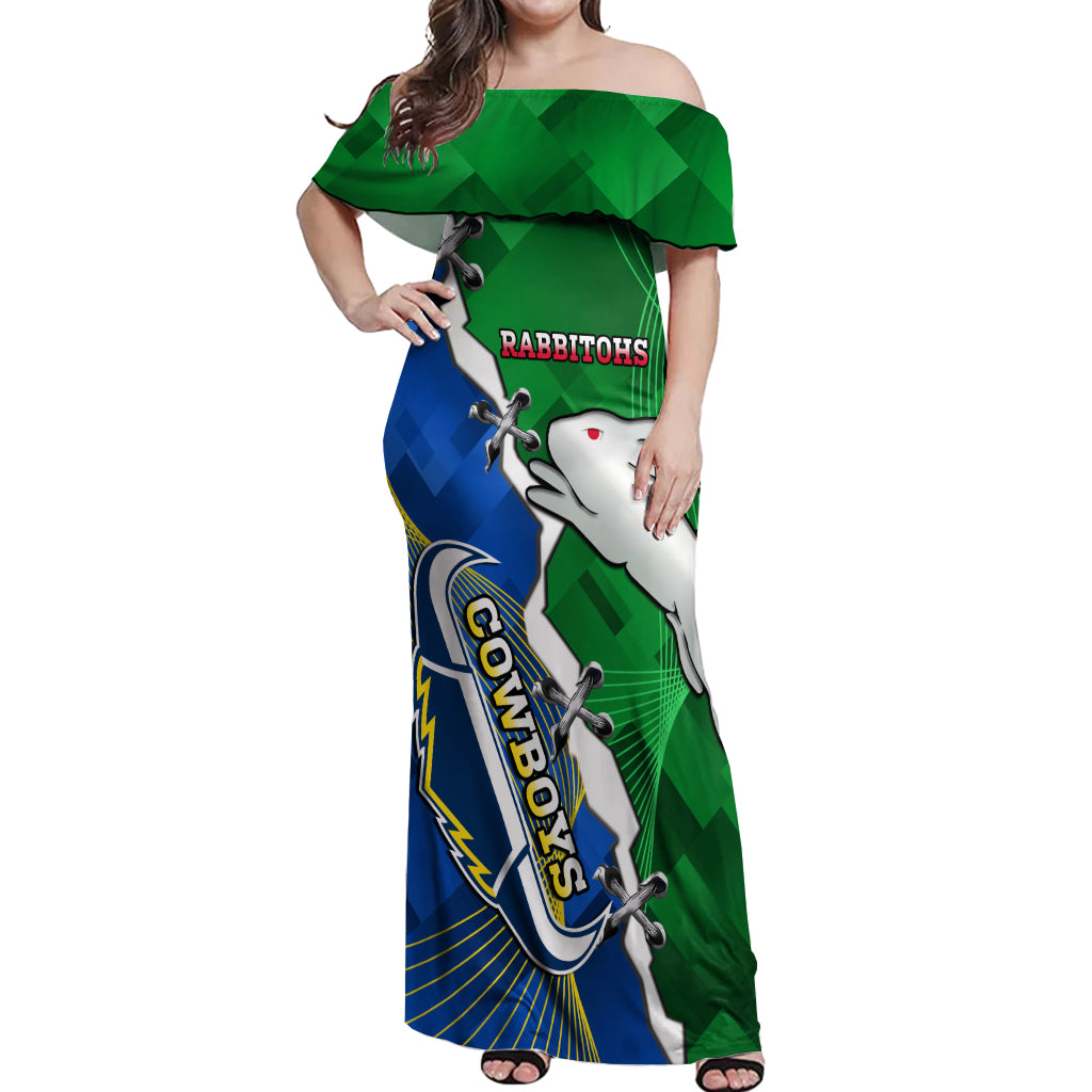 Personalised Rabbitohs And Cowboys Rugby Off Shoulder Maxi Dress Dynamic Style