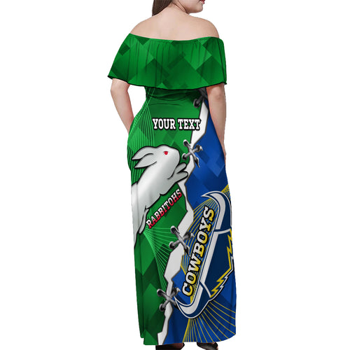 Personalised Rabbitohs And Cowboys Rugby Off Shoulder Maxi Dress Dynamic Style