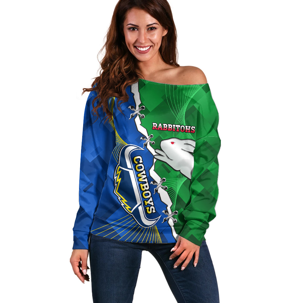 Personalised Rabbitohs And Cowboys Rugby Off Shoulder Sweater Dynamic Style