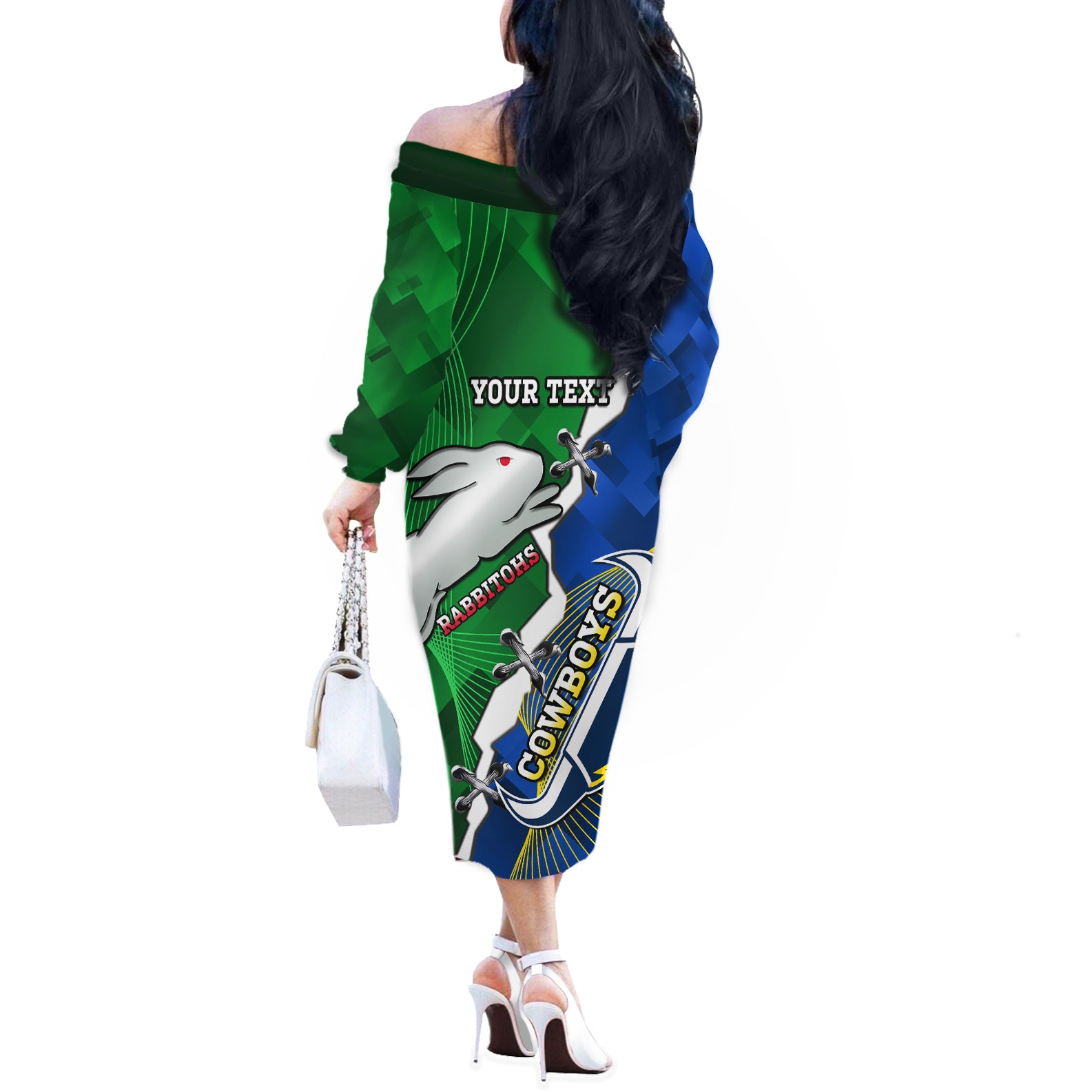 Personalised Rabbitohs And Cowboys Rugby Off The Shoulder Long Sleeve Dress Dynamic Style