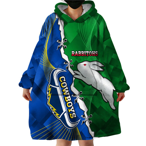 Personalised Rabbitohs And Cowboys Rugby Wearable Blanket Hoodie Dynamic Style