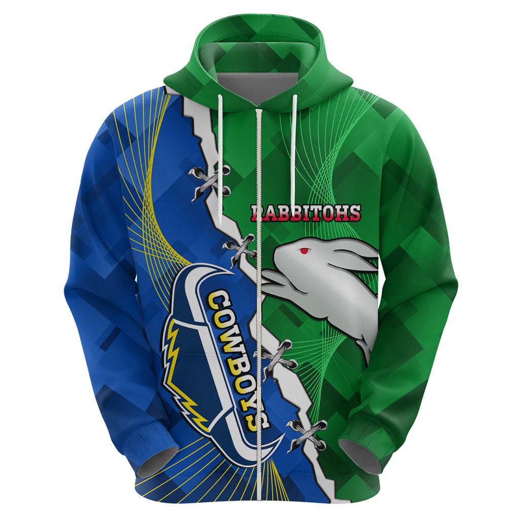 Personalised Rabbitohs And Cowboys Rugby Zip Hoodie Dynamic Style