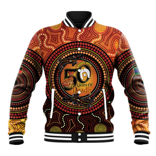 NAIDOC Week 2026 Personalised Baseball Jacket 50 Years of Deadly Lizard Kangaroo Aboriginal Art