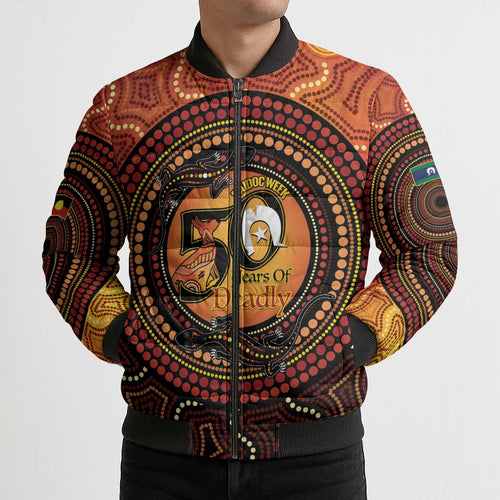 NAIDOC Week 2026 Personalised Bomber Puffer Jacket 50 Years of Deadly Lizard Kangaroo Aboriginal Art