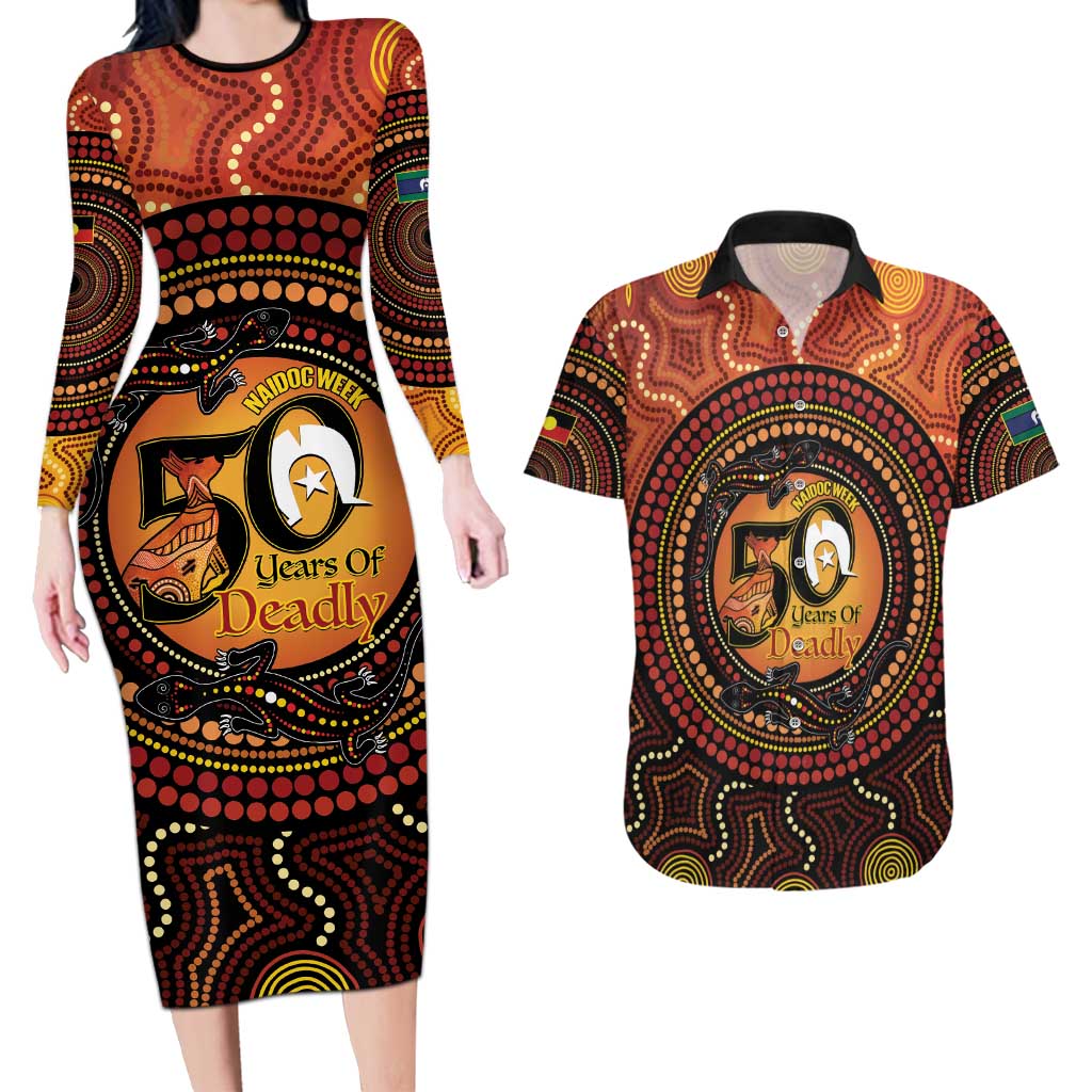 NAIDOC Week 2026 Personalised Couples Matching Long Sleeve Bodycon Dress and Hawaiian Shirt 50 Years of Deadly Lizard Kangaroo Aboriginal Art