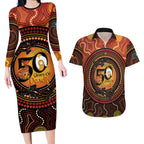 NAIDOC Week 2026 Personalised Couples Matching Long Sleeve Bodycon Dress and Hawaiian Shirt 50 Years of Deadly Lizard Kangaroo Aboriginal Art