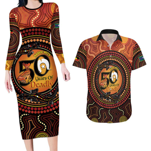 NAIDOC Week 2026 Personalised Couples Matching Long Sleeve Bodycon Dress and Hawaiian Shirt 50 Years of Deadly Lizard Kangaroo Aboriginal Art