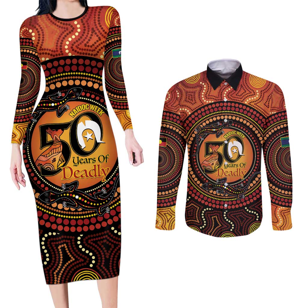NAIDOC Week 2026 Personalised Couples Matching Long Sleeve Bodycon Dress and Long Sleeve Button Shirt 50 Years of Deadly Lizard Kangaroo Aboriginal Art