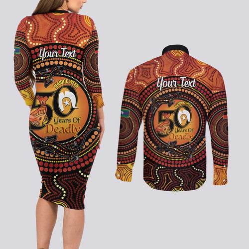 NAIDOC Week 2026 Personalised Couples Matching Long Sleeve Bodycon Dress and Long Sleeve Button Shirt 50 Years of Deadly Lizard Kangaroo Aboriginal Art