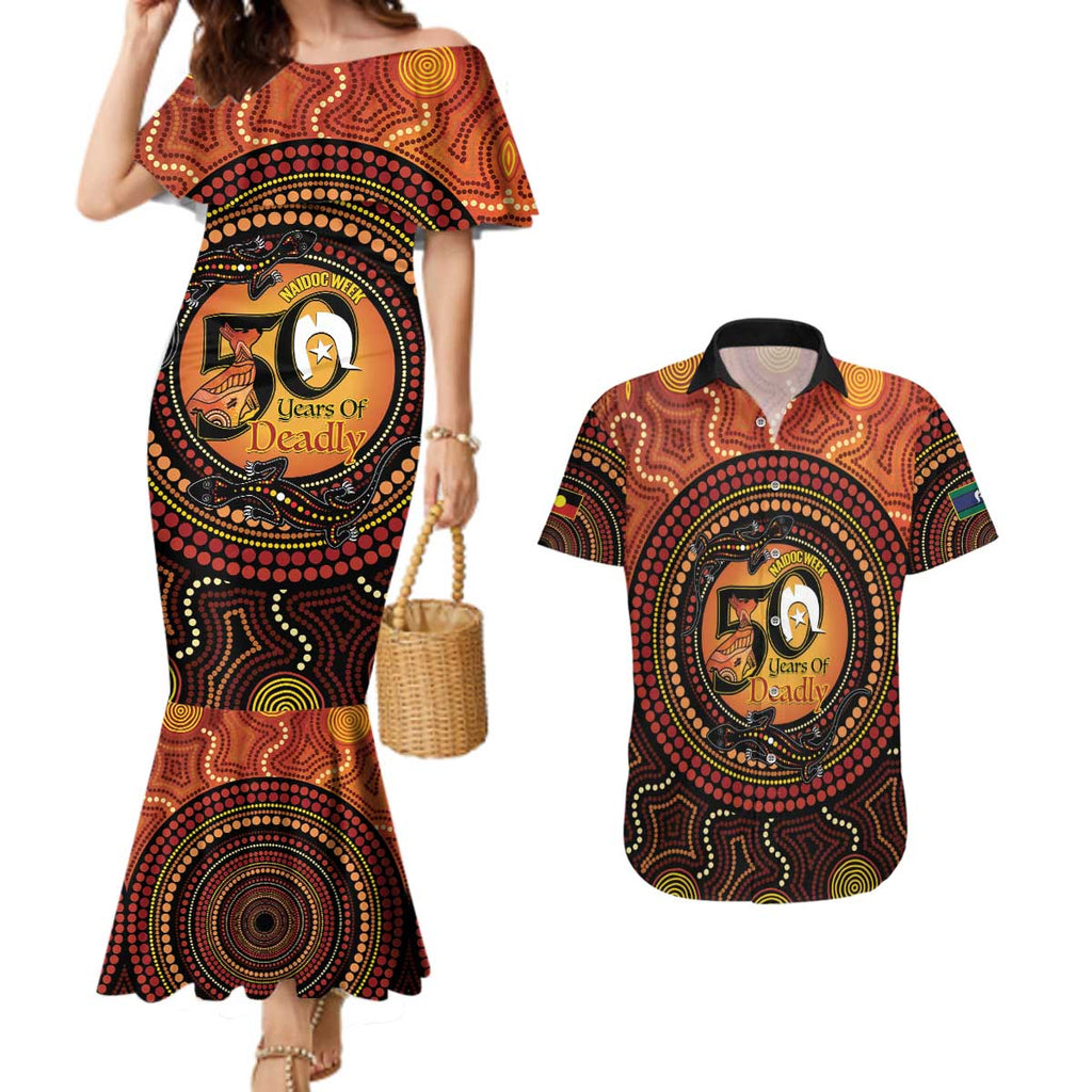 NAIDOC Week 2026 Personalised Couples Matching Mermaid Dress and Hawaiian Shirt 50 Years of Deadly Lizard Kangaroo Aboriginal Art