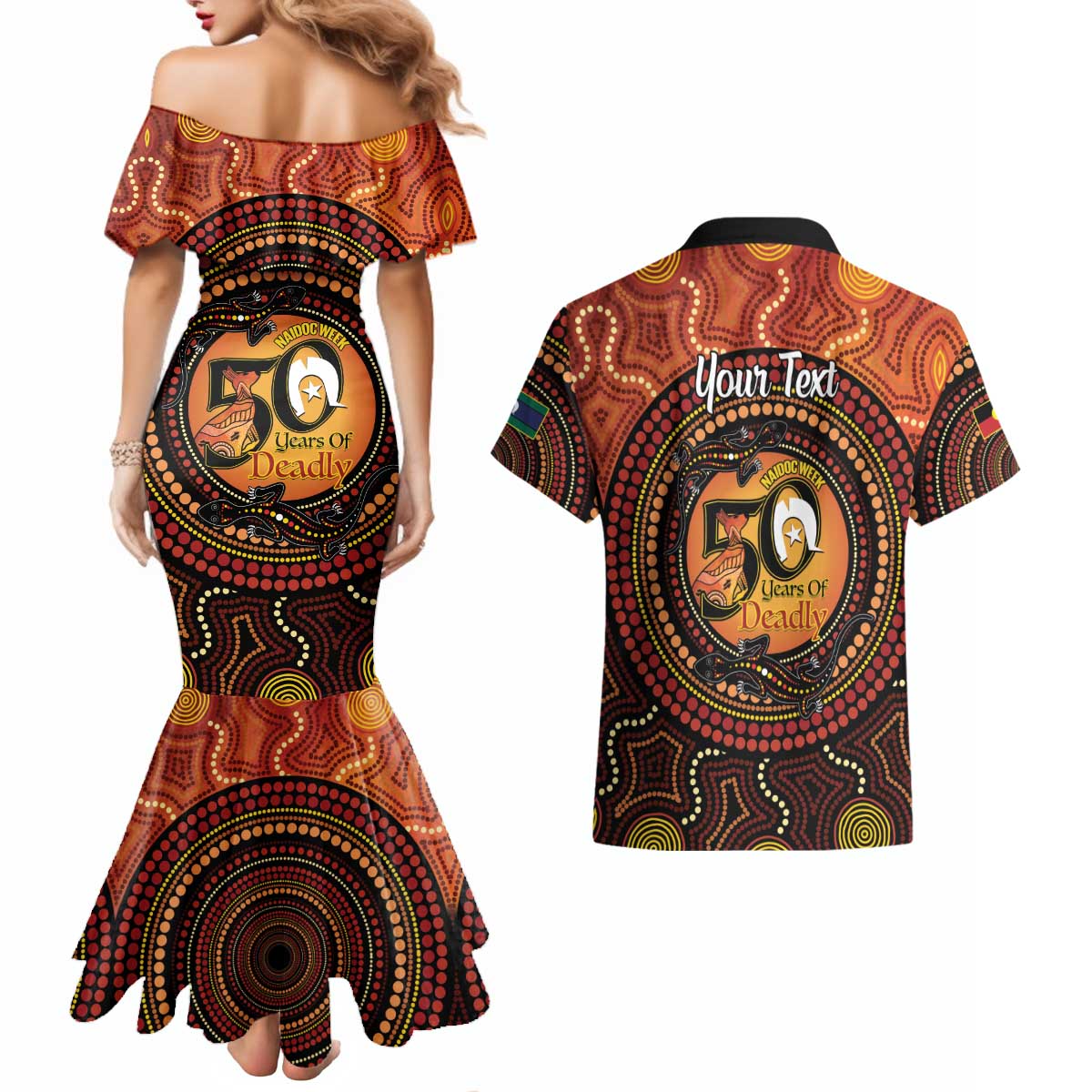 NAIDOC Week 2026 Personalised Couples Matching Mermaid Dress and Hawaiian Shirt 50 Years of Deadly Lizard Kangaroo Aboriginal Art