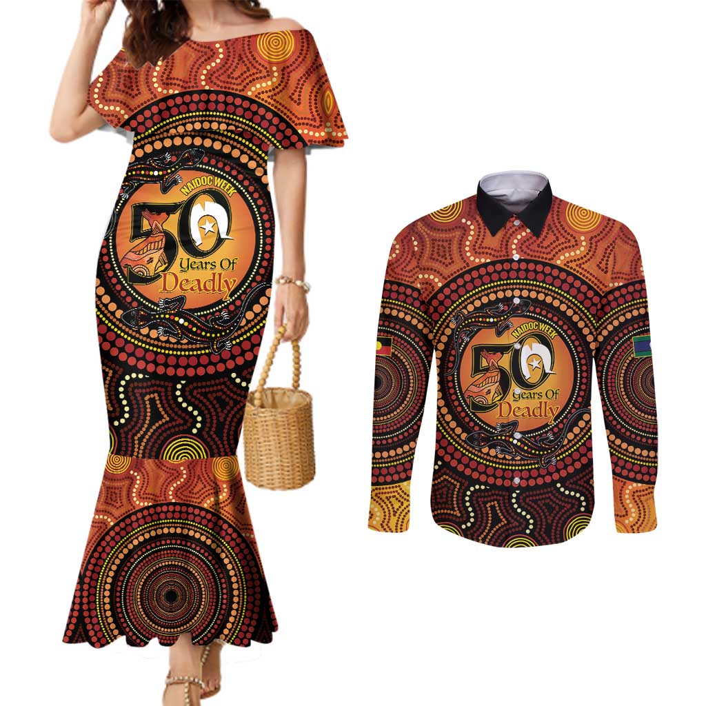 NAIDOC Week 2026 Personalised Couples Matching Mermaid Dress and Long Sleeve Button Shirt 50 Years of Deadly Lizard Kangaroo Aboriginal Art