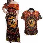 NAIDOC Week 2026 Personalised Couples Matching Off Shoulder Maxi Dress and Hawaiian Shirt 50 Years of Deadly Lizard Kangaroo Aboriginal Art
