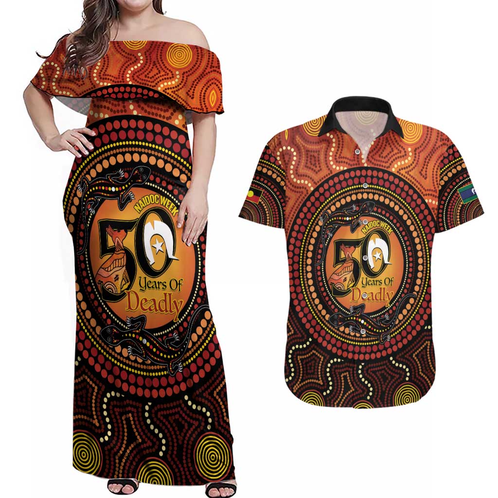 NAIDOC Week 2026 Personalised Couples Matching Off Shoulder Maxi Dress and Hawaiian Shirt 50 Years of Deadly Lizard Kangaroo Aboriginal Art