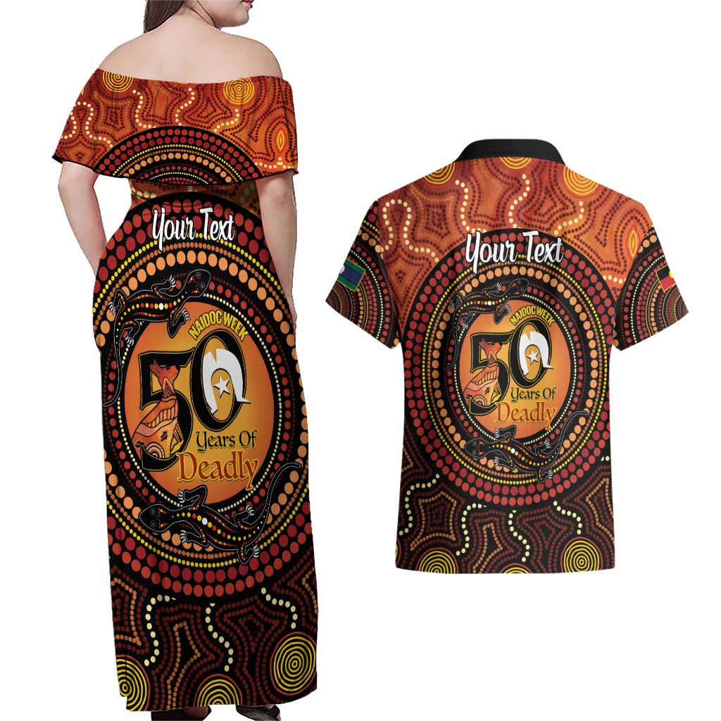 NAIDOC Week 2026 Personalised Couples Matching Off Shoulder Maxi Dress and Hawaiian Shirt 50 Years of Deadly Lizard Kangaroo Aboriginal Art