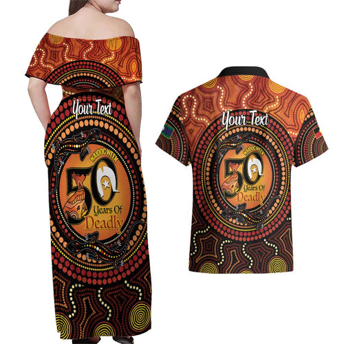 NAIDOC Week 2026 Personalised Couples Matching Off Shoulder Maxi Dress and Hawaiian Shirt 50 Years of Deadly Lizard Kangaroo Aboriginal Art