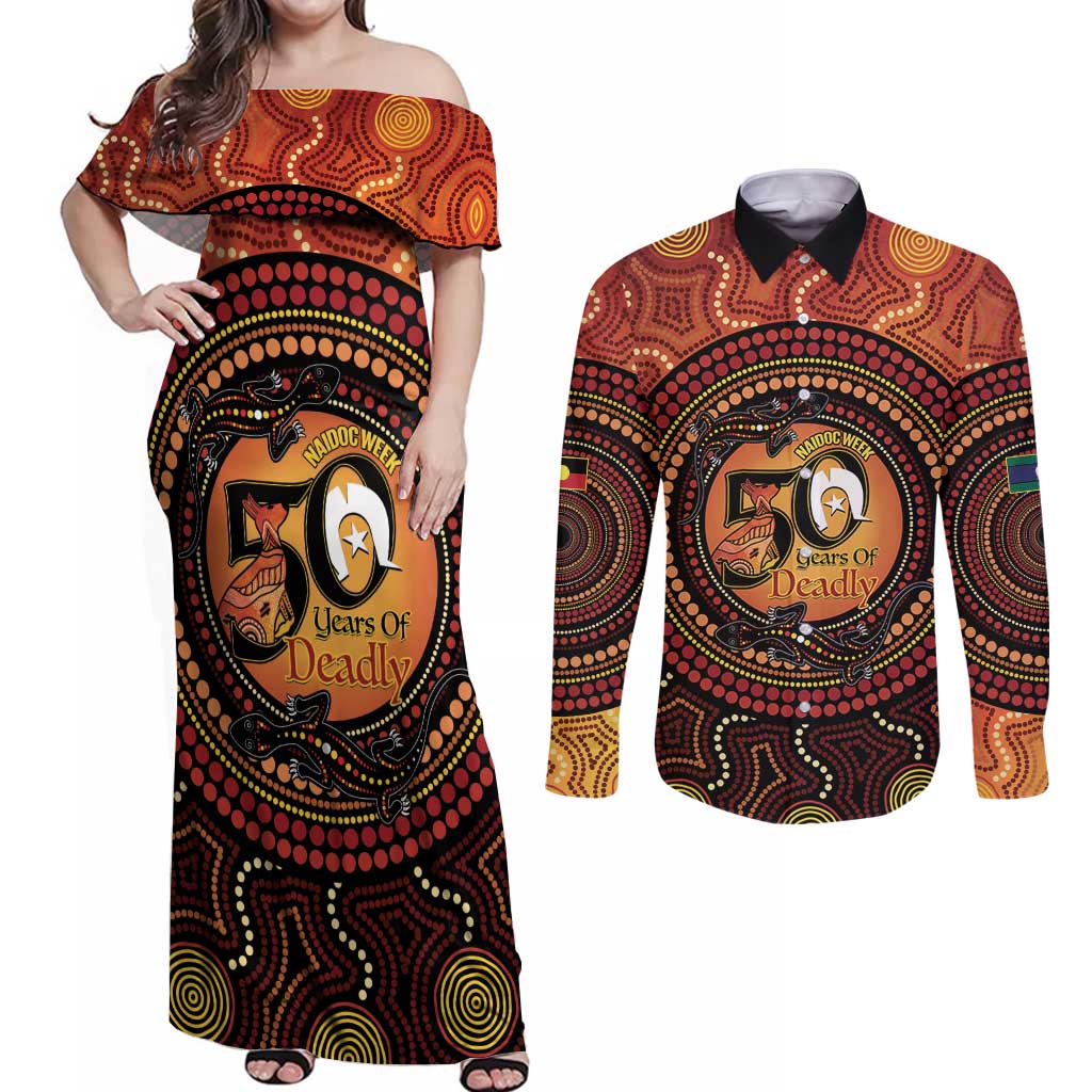 NAIDOC Week 2026 Personalised Couples Matching Off Shoulder Maxi Dress and Long Sleeve Button Shirt 50 Years of Deadly Lizard Kangaroo Aboriginal Art