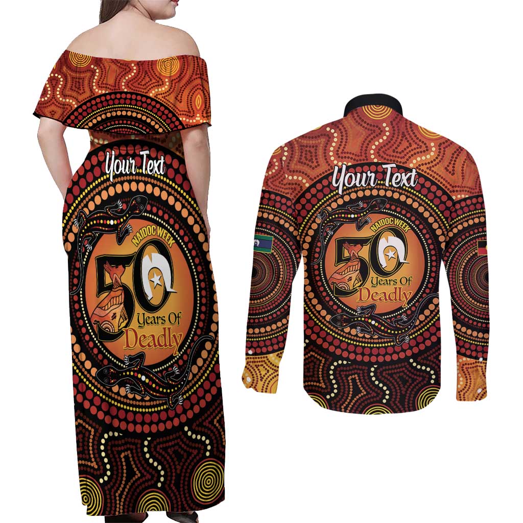 NAIDOC Week 2026 Personalised Couples Matching Off Shoulder Maxi Dress and Long Sleeve Button Shirt 50 Years of Deadly Lizard Kangaroo Aboriginal Art